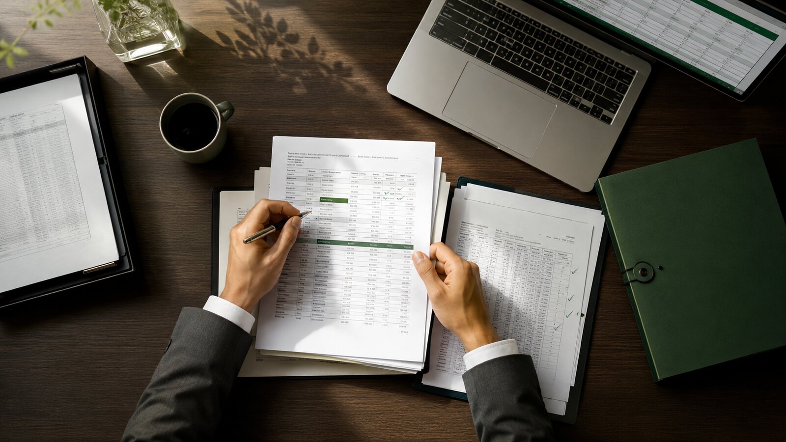 Auditor reviewing financial statements and audit evidence